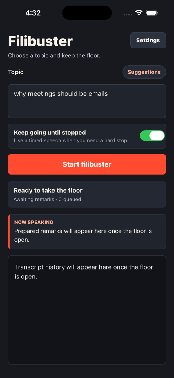 Filibuster topic screen screenshot