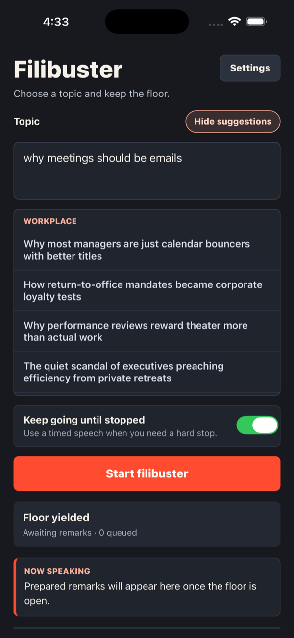 Filibuster suggestions screenshot