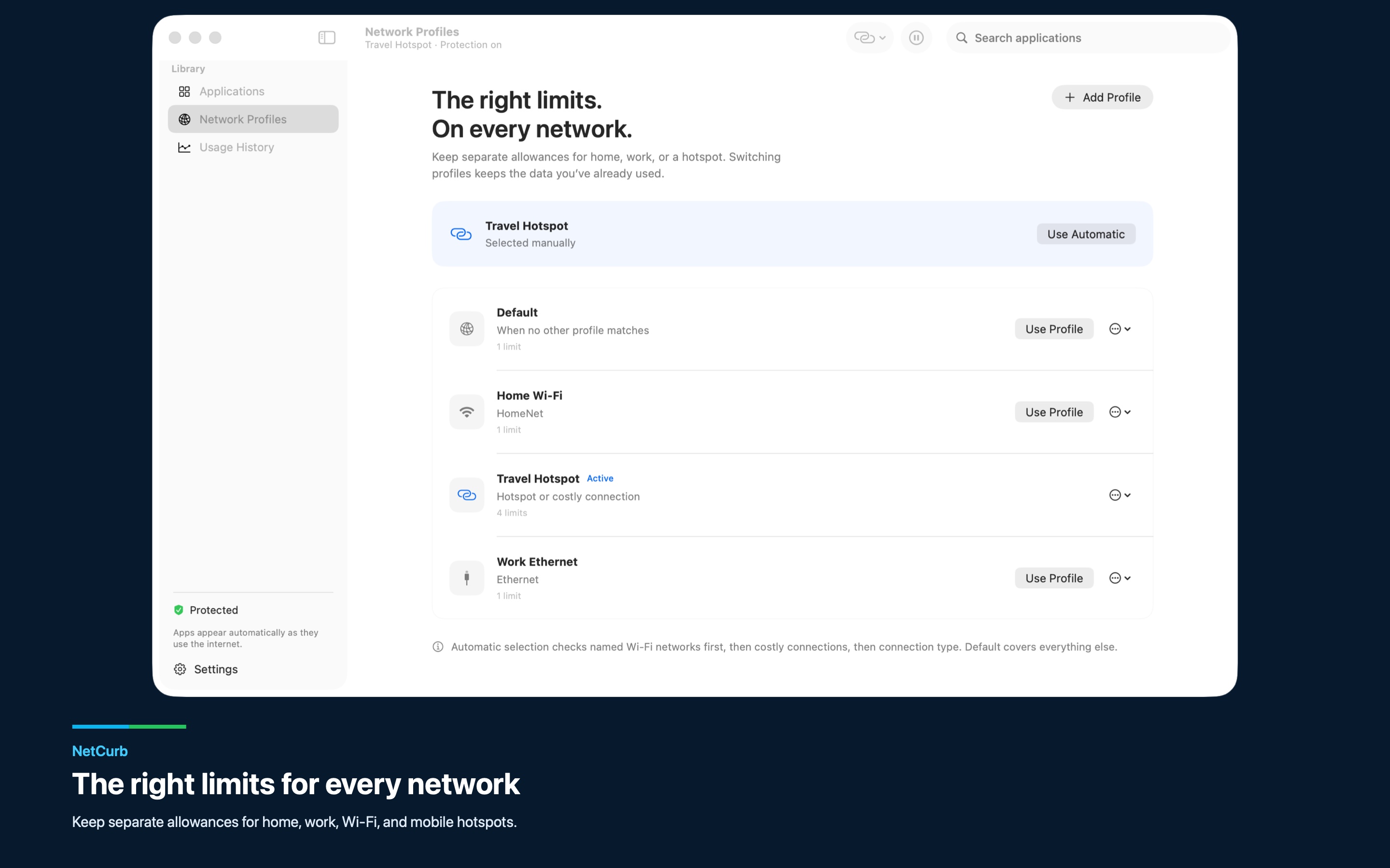 NetCurb travel hotspot and network profiles