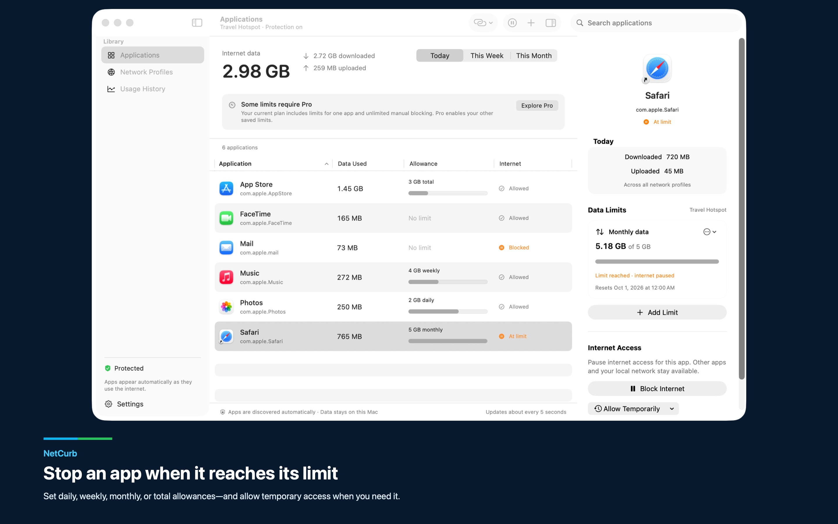 NetCurb editor for setting per-app data limits and warnings