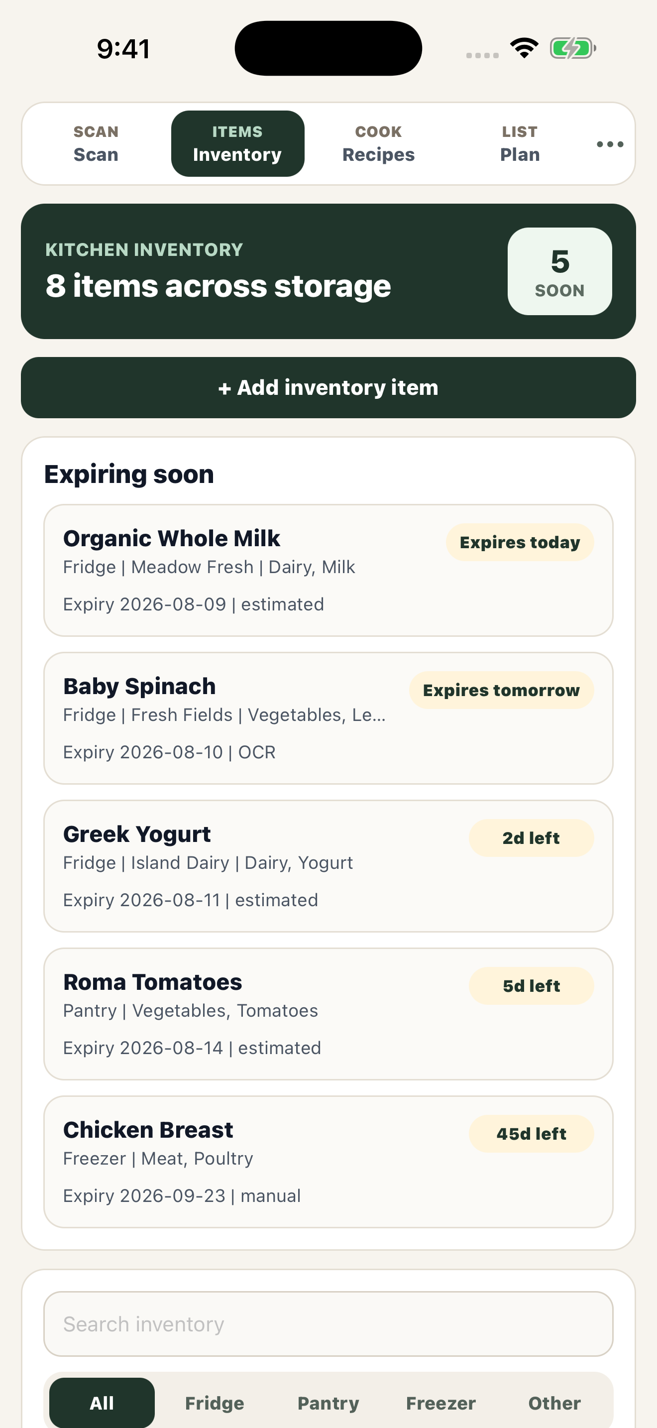 PantryIQ expiring-soon inventory screenshot