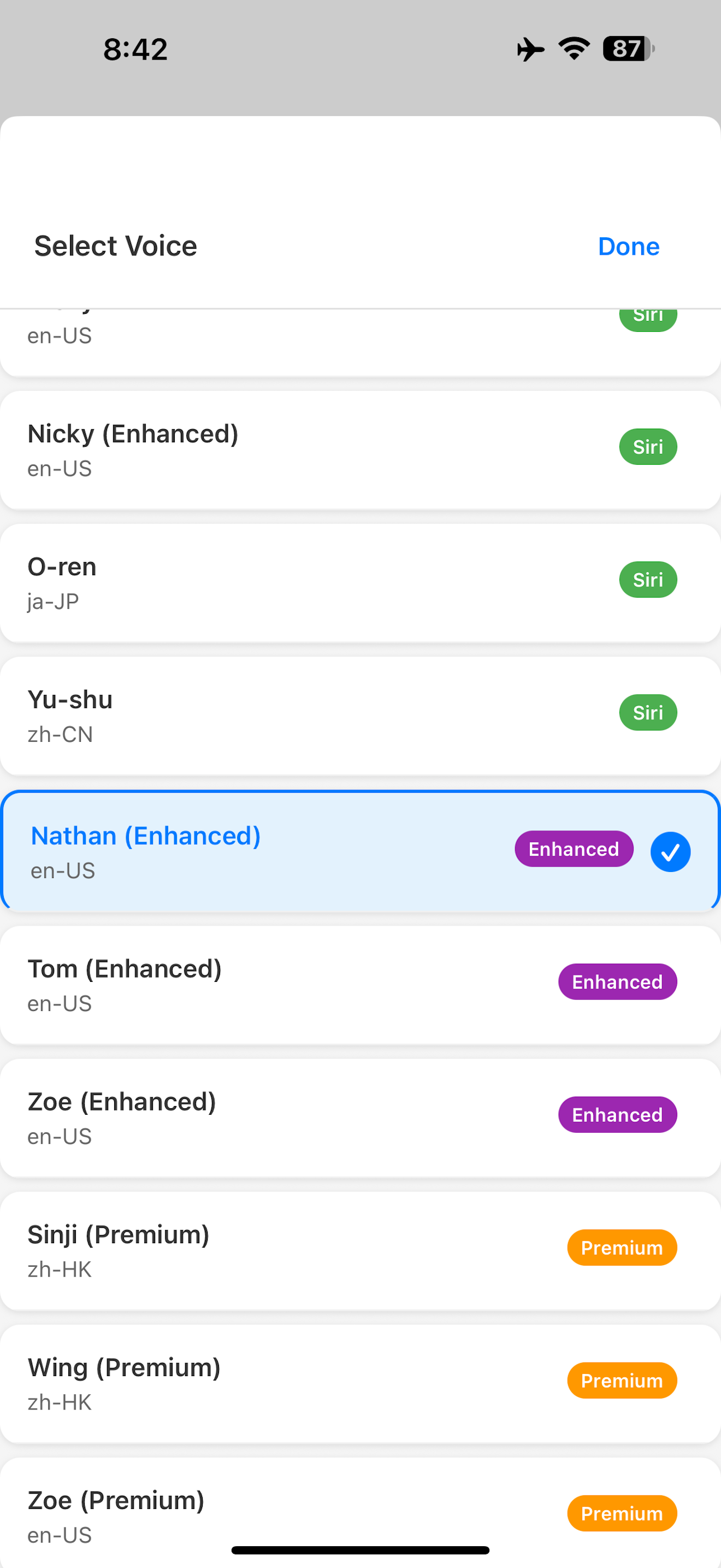 Read Aloud Book Reader voice selection screenshot