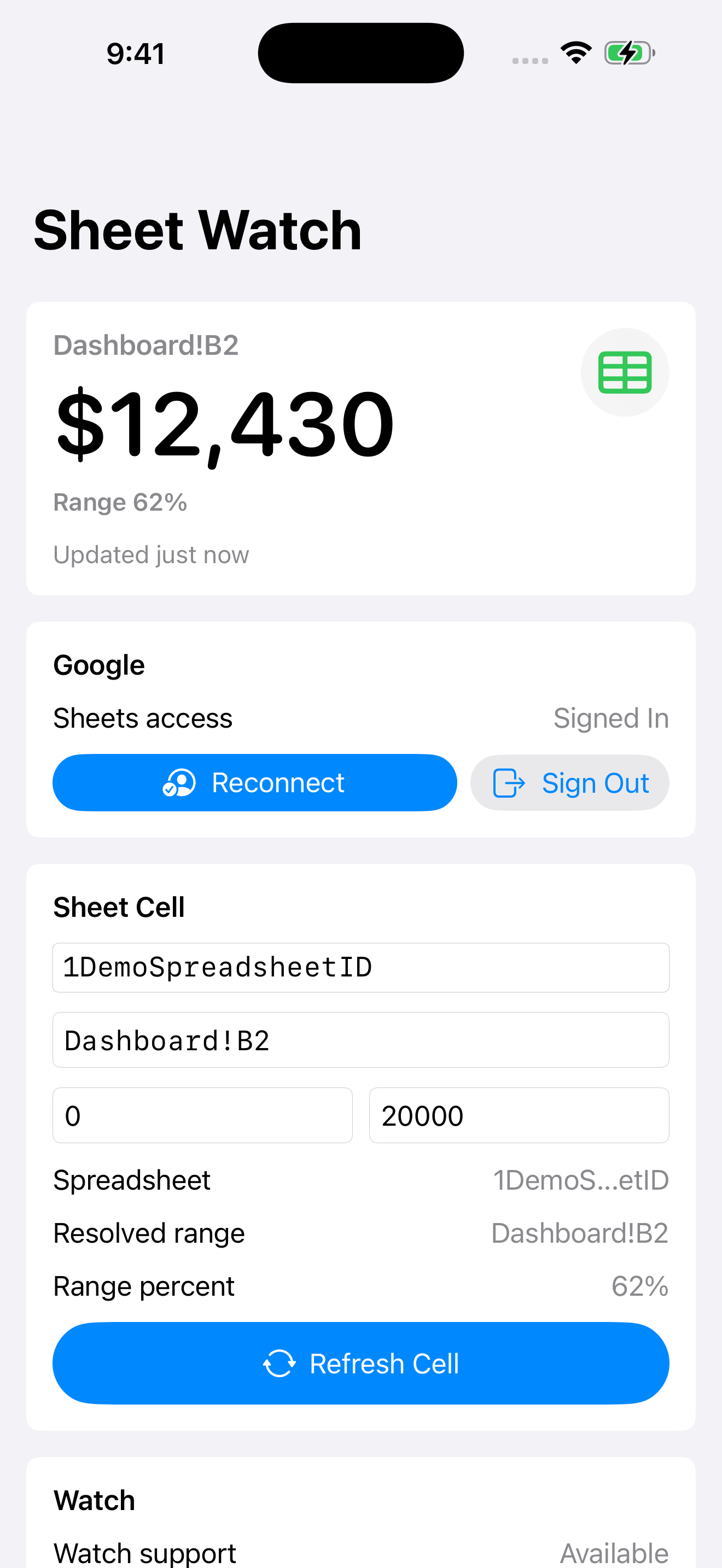 Sheet Watch iPhone cell value screenshot