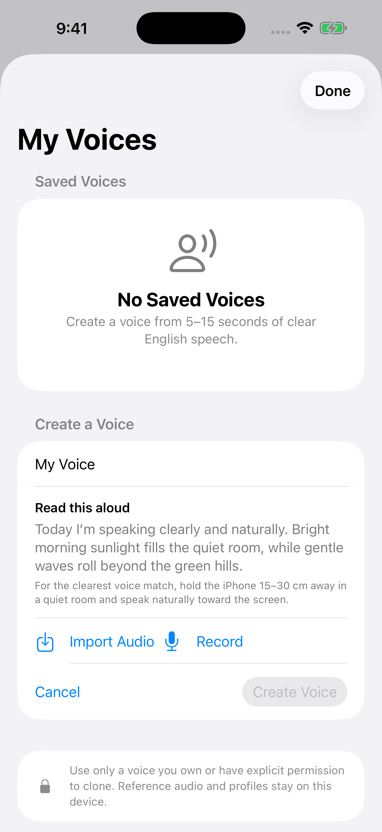 SpeechTrack My Voices screen with recording and audio import for English voice cloning