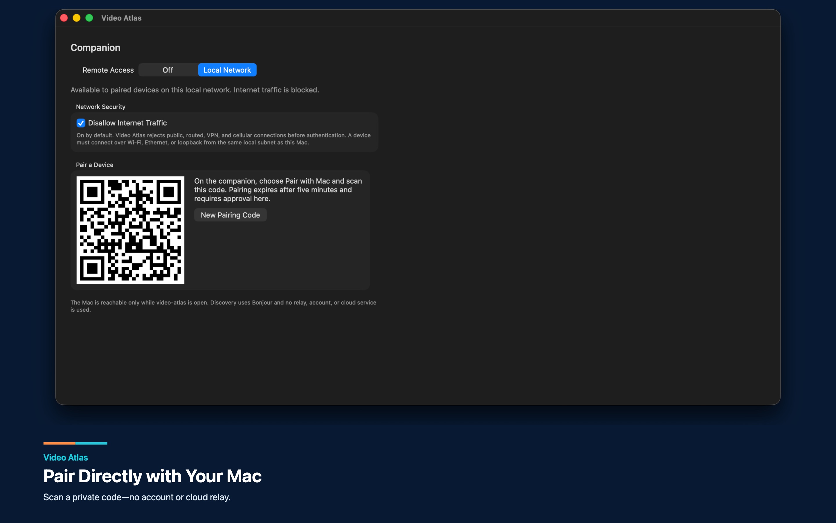 Video Atlas private QR pairing between the Mac app and its iPhone or iPad companion