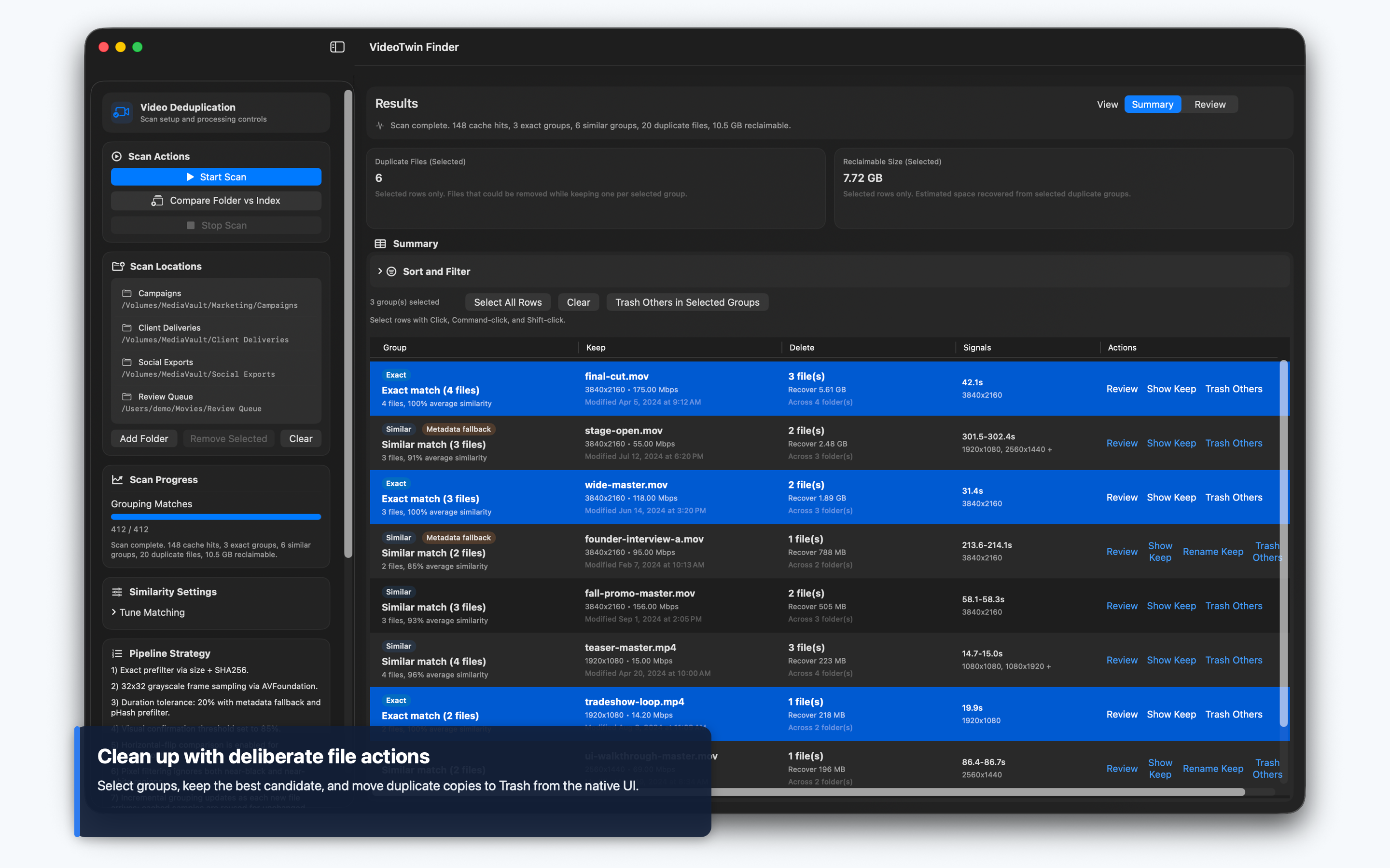 VideoTwin Finder cleanup actions for keeping recommended files and moving duplicates to Trash