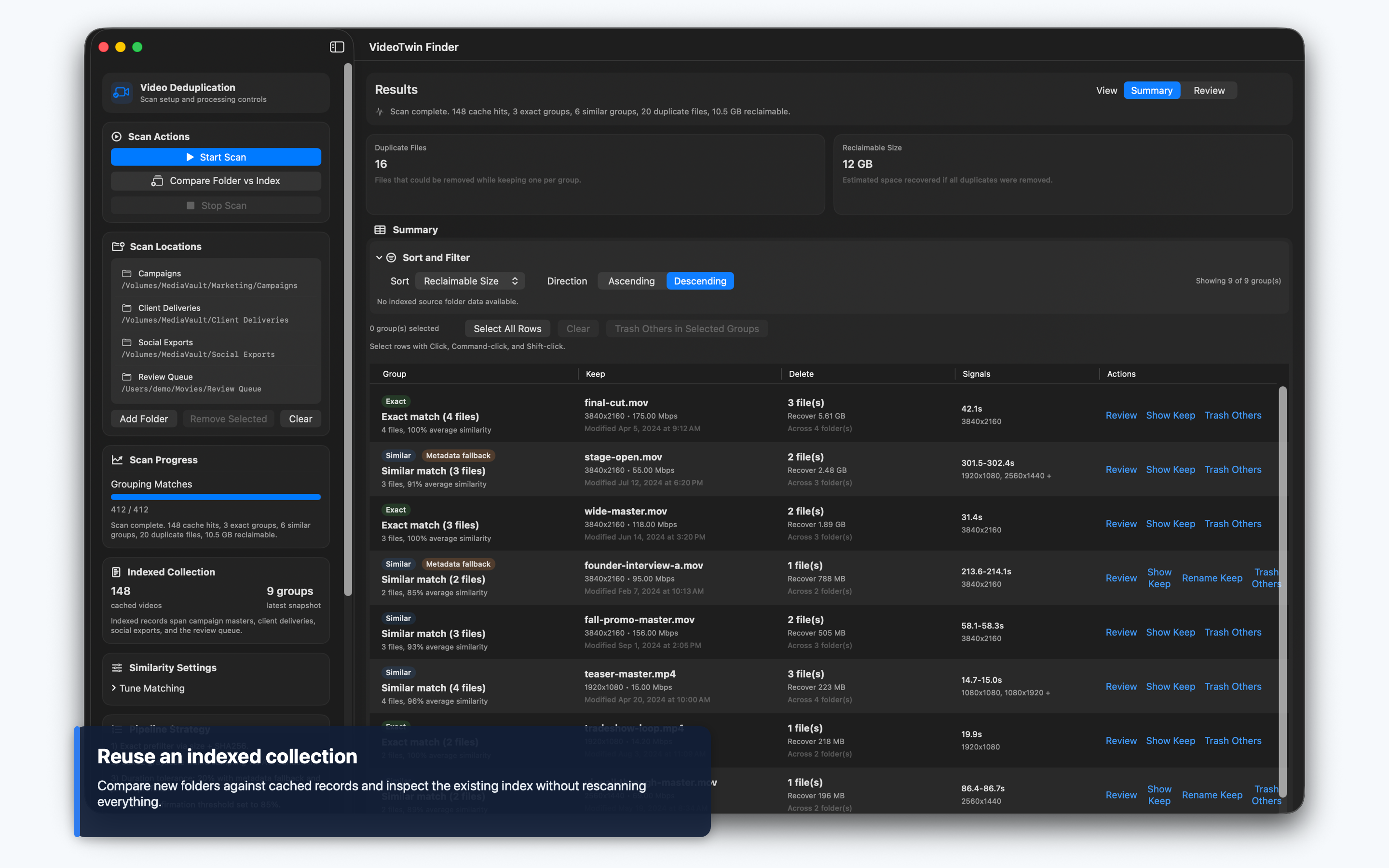 VideoTwin Finder index storage settings and cached collection stats