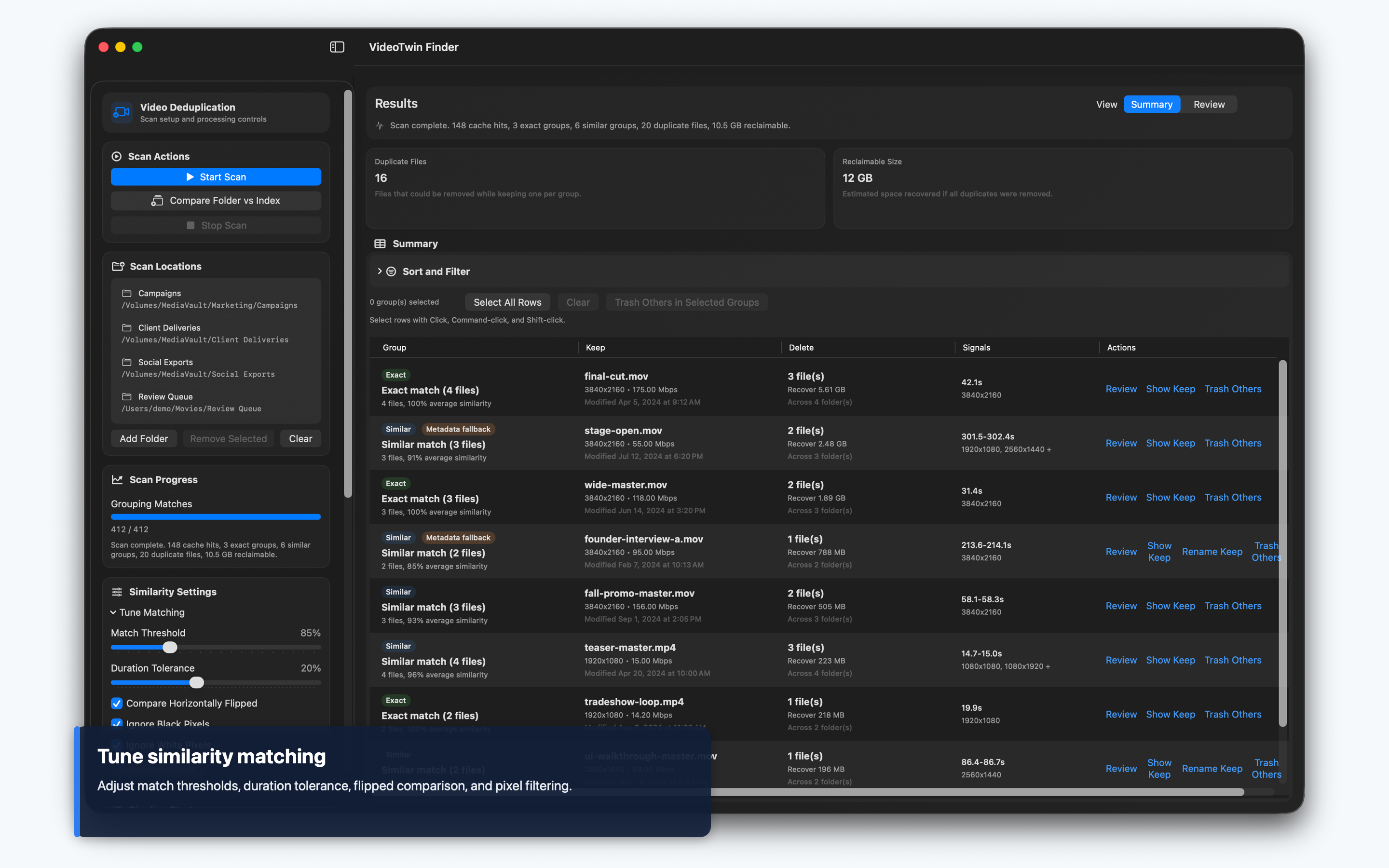 VideoTwin Finder matching settings for similarity threshold and scan behavior