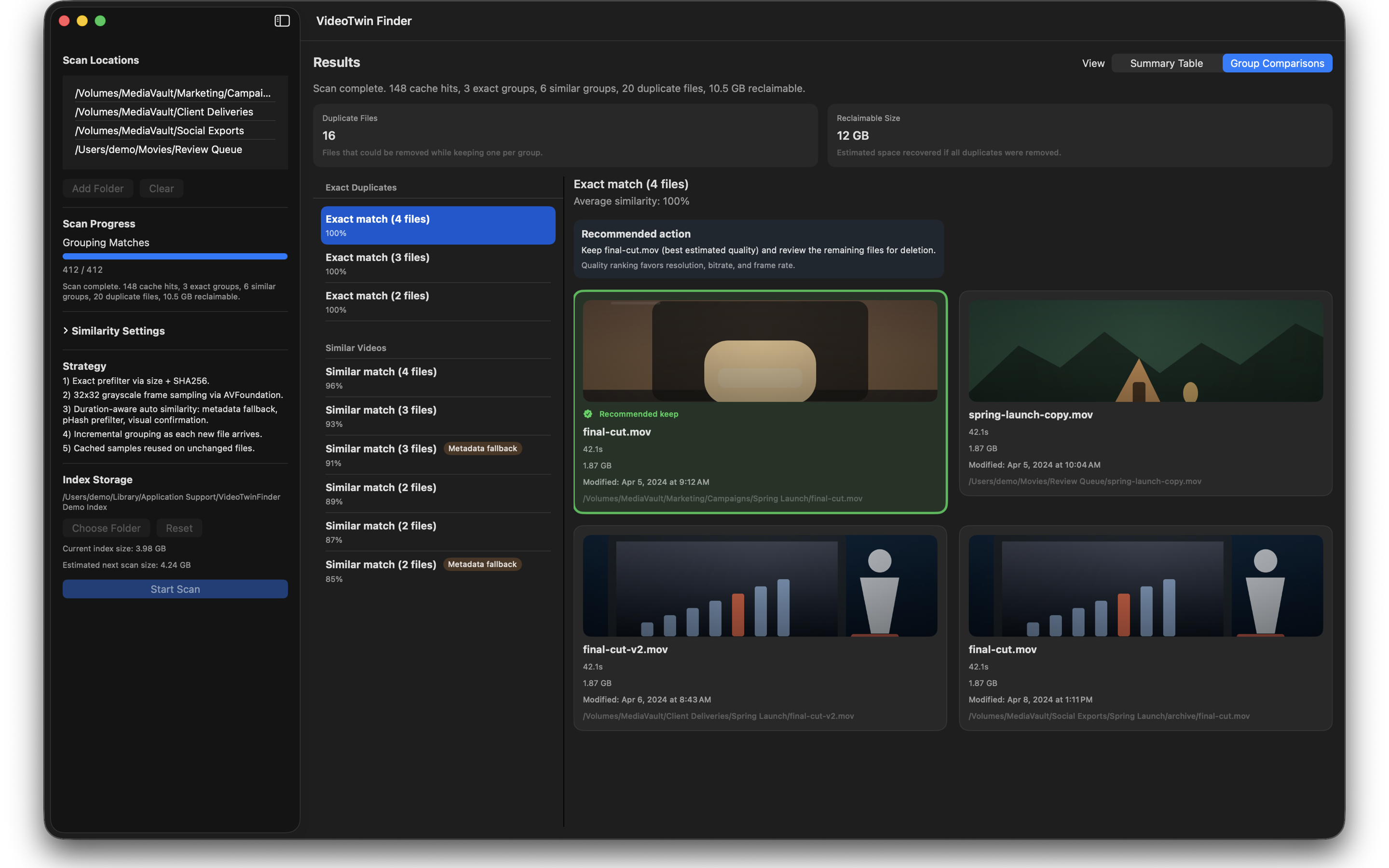 VideoTwin Finder scan results screenshot